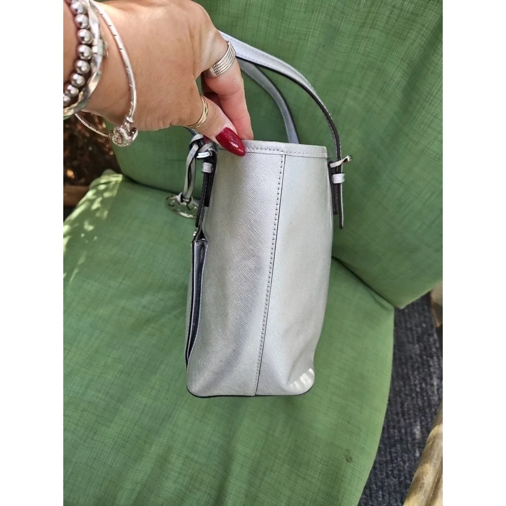 Michael Kors Jet Set Silver Metallic Tote Bag Purse Satchel MK‎ Logo Large